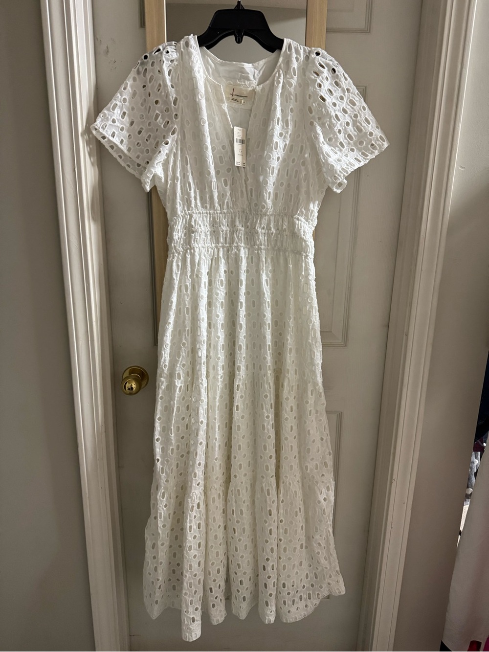 Anthropologie White Eyelet Maxi Dress with Smocked Waist